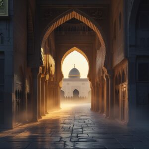 Hidden ancient alleyway in Makkah with Islamic architecture and soft morning light, revealing the unseen wonders of the Holy City