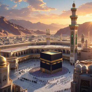 A breathtaking view of Mecca's hidden wonders beyond the Kaaba, including Jabal al-Nour, Zamzam Well, and Abraj Al-Bait at sunrise
