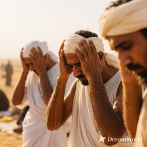 Hajj pilgrims wearing ihram garments seeking shade in Arafah plain under scorching 47°C heat