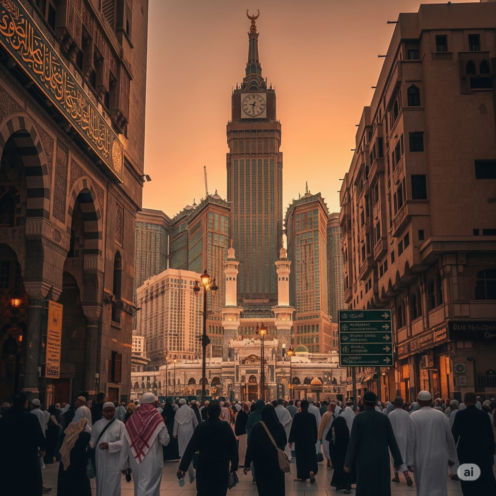 makkah city Makkah cityscape with Abraj Al-Bait Clock Tower at dusk, showing pilgrims and unique Islamic architecture